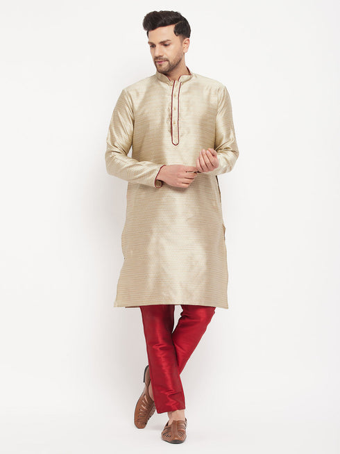 Vastramay Men's Beige Silk Blend Kurta and Maroon Pant Style Pyjama Set
